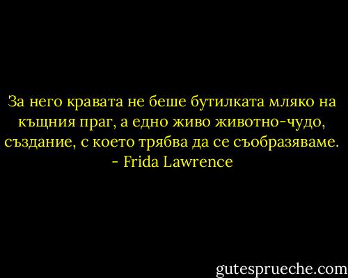 За него кравата не беше бутилката мляко на къщния праг, а едно живо животно-чудо, създание, с което трябва да се съобразяваме. - Frida Lawrence