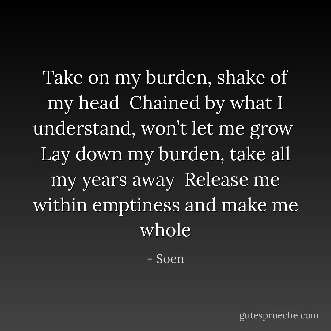 Take on my burden, shake of my head<br /> Chained by what I understand, won’t let me grow<br /> Lay down my burden, take all my years away<br /> Release me within emptiness and make me whole - Soen
