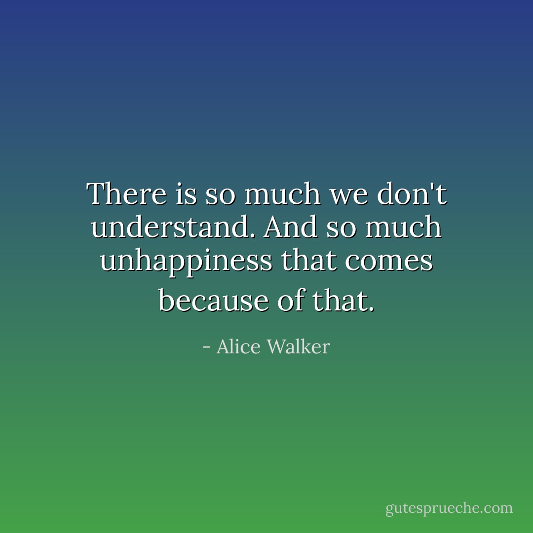 There is so much we don't understand. And so much unhappiness that comes because of that. - Alice Walker