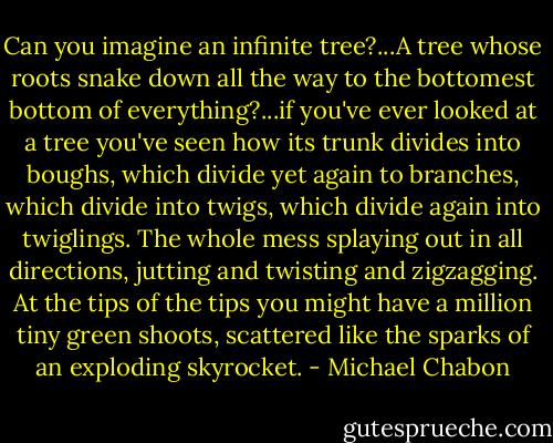 Can you imagine an infinite tree?...A tree whose roots snake down all the way to the bottomest bottom of everything?...if you've ever looked at a tree you've seen how its trunk divides into boughs, which divide yet again to branches, which divide into twigs, which divide again into twiglings. The whole mess splaying out in all directions, jutting and twisting and zigzagging. At the tips of the tips you might have a million tiny green shoots, scattered like the sparks of an exploding skyrocket. - Michael Chabon