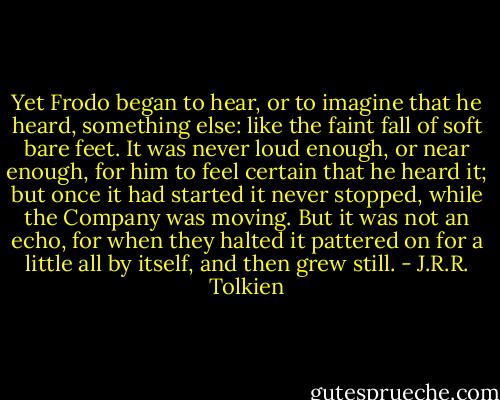 Yet Frodo began to hear, or to imagine that he heard, something else: like the faint fall of soft bare feet. It was never loud enough, or near enough, for him to feel certain that he heard it; but once it had started it never stopped, while the Company was moving. But it was not an echo, for when they halted it pattered on for a little all by itself, and then grew still. - J.R.R. Tolkien
