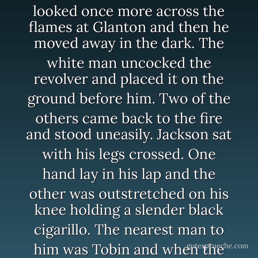 You dont get your black ass away from this fire I’ll kill you graveyard dead. He looked to where Glanton sat. Glanton watched him. He put the pipe in his mouth and rose and took up the apishamore and folded it over his arm. Is that your final say? Final as the judgement of God. The black looked once more across the flames at Glanton and then he moved away in the dark. The white man uncocked the revolver and placed it on the ground before him. Two of the others came back to the fire and stood uneasily. Jackson sat with his legs crossed. One hand lay in his lap and the other was outstretched on his knee holding a slender black cigarillo. The nearest man to him was Tobin and when the black stepped out of the darkness bearing the bowieknife in both hands like some instrument of ceremony Tobin started to rise. The white man looked up drunkenly and the black stepped forward and with a single stroke swapt off his head. - Cormac McCarthy