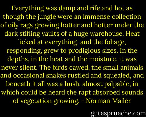 Everything was damp and rife and hot as though the jungle were an immense collection of oily rags growing hotter and hotter under the dark stifling vaults of a huge warehouse. Heat licked at everything, and the foliage, responding, grew to prodigious sizes. In the depths, in the heat and the moisture, it was never silent. The birds cawed, the small animals and occasional snakes rustled and squealed, and beneath it all was a hush, almost palpable, in which could be heard the rapt absorbed sounds of vegetation growing. - Norman Mailer