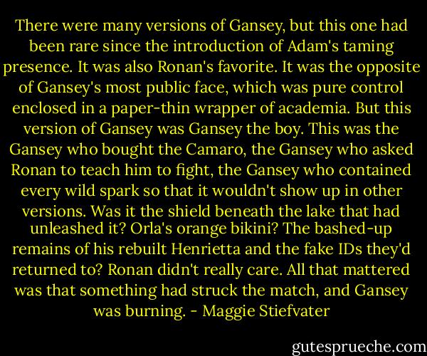 There were many versions of Gansey, but this one had been rare since the introduction of Adam's taming presence. It was also Ronan's favorite. It was the opposite of Gansey's most public face, which was pure control enclosed in a paper-thin wrapper of academia. But this version of Gansey was Gansey the boy. This was the Gansey who bought the Camaro, the Gansey who asked Ronan to teach him to fight, the Gansey who contained every wild spark so that it wouldn't show up in other versions. Was it the shield beneath the lake that had unleashed it? Orla's orange bikini? The bashed-up remains of his rebuilt Henrietta and the fake IDs they'd returned to? Ronan didn't really care. All that mattered was that something had struck the match, and Gansey was burning. - Maggie Stiefvater
