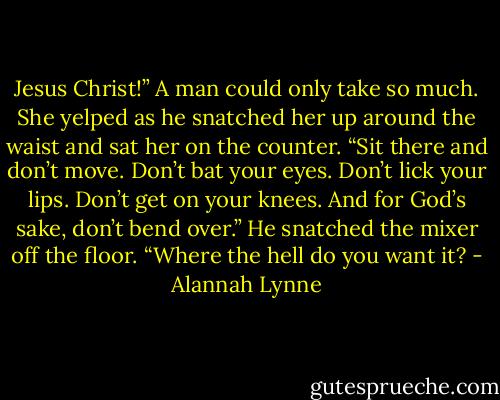 Jesus Christ!” A man could only take so much. She yelped as he snatched her up around the waist and sat her on the counter. “Sit there and don’t move. Don’t bat your eyes. Don’t lick your lips. Don’t get on your knees. And for God’s sake, don’t bend over.” He snatched the mixer off the floor. “Where the hell do you want it? - Alannah Lynne