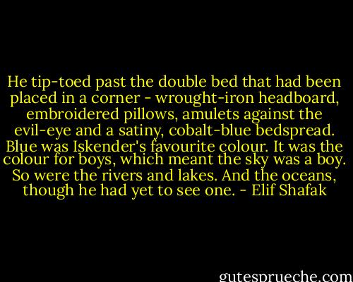 He tip-toed past the double bed that had been placed in a corner - wrought-iron headboard, embroidered pillows, amulets against the evil-eye and a satiny, cobalt-blue bedspread. Blue was Iskender's favourite colour. It was the colour for boys, which meant the sky was a boy. So were the rivers and lakes. And the oceans, though he had yet to see one. - Elif Shafak