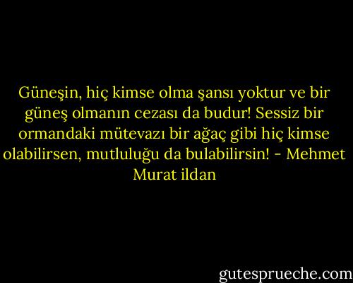 Güneşin, hiç kimse olma şansı yoktur ve bir güneş olmanın cezası da budur! Sessiz bir ormandaki mütevazı bir ağaç gibi hiç kimse olabilirsen, mutluluğu da bulabilirsin! - Mehmet Murat ildan