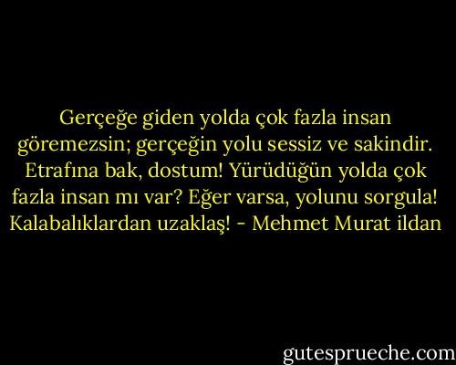 Gerçeğe giden yolda çok fazla insan göremezsin; gerçeğin yolu sessiz ve sakindir. Etrafına bak, dostum! Yürüdüğün yolda çok fazla insan mı var? Eğer varsa, yolunu sorgula! Kalabalıklardan uzaklaş! - Mehmet Murat ildan