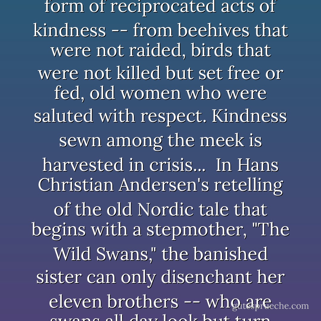 Fairy tales are about trouble, about getting into and out of it, and trouble seems to be a necessary stage on the route to becoming. All the magic and glass mountains and pearls the size of houses and princesses beautiful as the day and talking birds and part-time serpents are distractions from the core of most of the stories, the struggle to survive against adversaries, to find your place in the world, and to come into your own.<br /><br />Fairy tales are almost always the stories of the powerless, of youngest sons, abandoned children, orphans, of humans transformed into birds and beasts or otherwise enchanted away from their own lives and selves. Even princesses are chattels to be disowned by fathers, punished by step-mothers, or claimed by princes, though they often assert themselves in between and are rarely as passive as the cartoon versions. Fairy tales are children's stories not in wh they were made for but in their focus on the early stages of life, when others have power over you and you have power over no one.<br /><br />In them, power is rarely the right tool for survival anyway. Rather the powerless thrive on alliances, often in the form of reciprocated acts of kindness -- from beehives that were not raided, birds that were not killed but set free or fed, old women who were saluted with respect. Kindness sewn among the meek is harvested in crisis...<br /><br />In Hans Christian Andersen's retelling of the old Nordic tale that begins with a stepmother, "The Wild Swans," the banished sister can only disenchant her eleven brothers -- who are swans all day look but turn human at night -- by gathering stinging nettles barehanded from churchyard graves, making them into flax, spinning them and knitting eleven long-sleeved shirts while remaining silent the whole time. If she speaks, they'll remain birds forever. In her silence, she cannot protest the crimes she accused of and nearly burned as a witch.<br /><br />Hauled off to a pyre as she knits the last of the shirts, she is rescued by the swans, who fly in at the last moment. As they swoop down, she throws the nettle shirts over them so that they turn into men again, all but the youngest brother, whose shirt is missing a sleeve so that he's left with one arm and one wing, eternally a swan-man. Why shirts made of graveyard nettles by bleeding fingers and silence should disenchant men turned into birds by their step-mother is a question the story doesn't need to answer. It just needs to give us compelling images of exile, loneliness, affection, and metamorphosis -- and of a heroine who nearly dies of being unable to tell her own story. - Rebecca Solnit