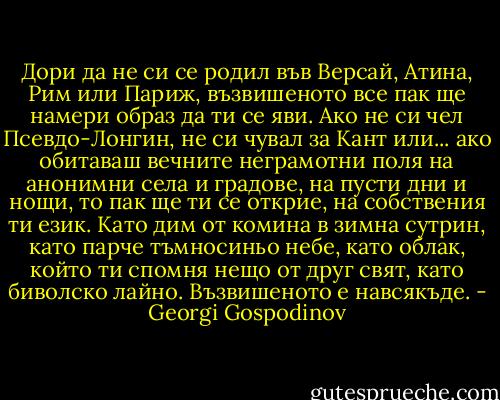 Дори да не си се родил във Версай, Атина, Рим или Париж, възвишеното все пак ще намери образ да ти се яви. Ако не си чел Псевдо-Лонгин, не си чувал за Кант или... ако обитаваш вечните неграмотни поля на анонимни села и градове, на пусти дни и нощи, то пак ще ти се открие, на собствения ти език. Като дим от комина в зимна сутрин, като парче тъмносиньо небе, като облак, който ти спомня нещо от друг свят, като биволско лайно. Възвишеното е навсякъде. - Georgi Gospodinov