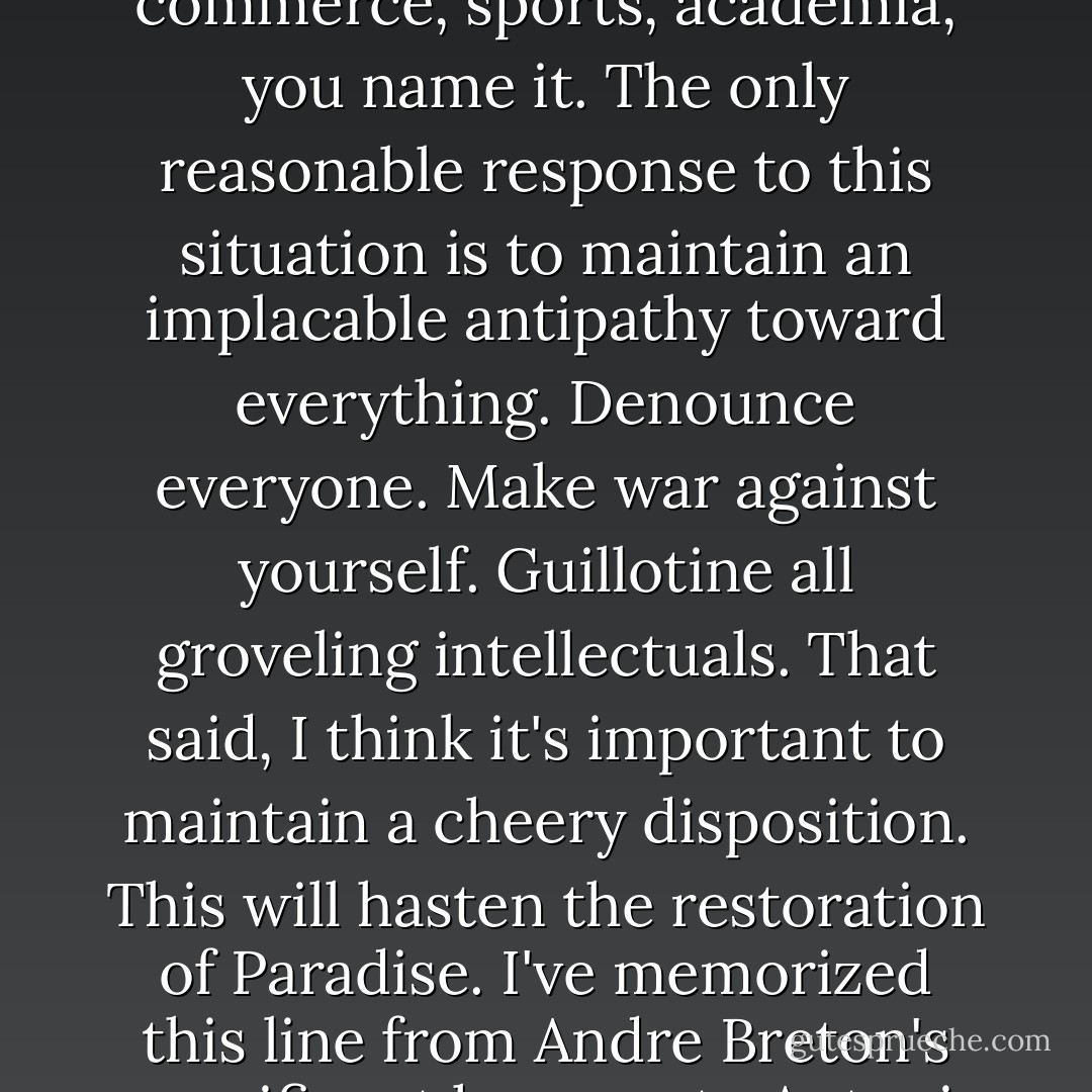 Bro, we're living in the Kali Yuga, a Dark Age of petite bourgeoisie ideology, a petite bourgeoisie ideology whose resources and ruses are infinite and which ubiquitously permeates the world -- high culture, low culture, bienpensant media, prestige literature, pop music, commerce, sports, academia, you name it. The only reasonable response to this situation is to maintain an implacable antipathy toward everything. Denounce everyone. Make war against yourself. Guillotine all groveling intellectuals. That said, I think it's important to maintain a cheery disposition. This will hasten the restoration of Paradise. I've memorized this line from Andre Breton's magnificent homage to Antonin Artaud -- "I salute Antonin Artaud for his passionate, heroic negation of everything that causes us to be dead while alive." Given the state of things, that's what we need to be doing, all the time -- negating everything that causes us to be dead while alive. - Mark Leyner