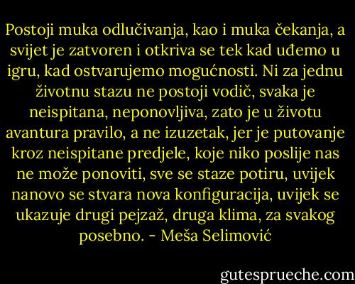 Postoji muka odlučivanja, kao i muka čekanja, a svijet je zatvoren i otkriva se tek kad uđemo u igru, kad ostvarujemo mogućnosti. Ni za jednu životnu stazu ne postoji vodič, svaka je neispitana, neponovljiva, zato je u životu avantura pravilo, a ne izuzetak, jer je putovanje kroz neispitane predjele, koje niko poslije nas ne može ponoviti, sve se staze potiru, uvijek nanovo se stvara nova konfiguracija, uvijek se ukazuje drugi pejzaž, druga klima, za svakog posebno. - Meša Selimović