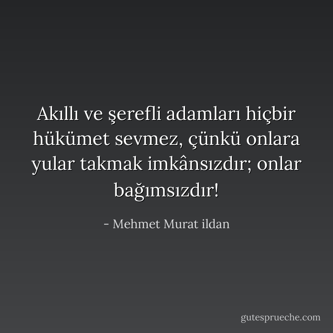 Akıllı ve şerefli adamları hiçbir hükümet sevmez, çünkü onlara yular takmak imkânsızdır; onlar bağımsızdır! - Mehmet Murat ildan