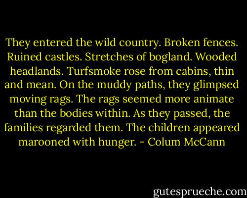 They entered the wild country. Broken fences. Ruined castles. Stretches of bogland. Wooded headlands. Turfsmoke rose from cabins, thin and mean. On the muddy paths, they glimpsed moving rags. The rags seemed more animate than the bodies within. As they passed, the families regarded them. The children appeared marooned with hunger. - Colum McCann