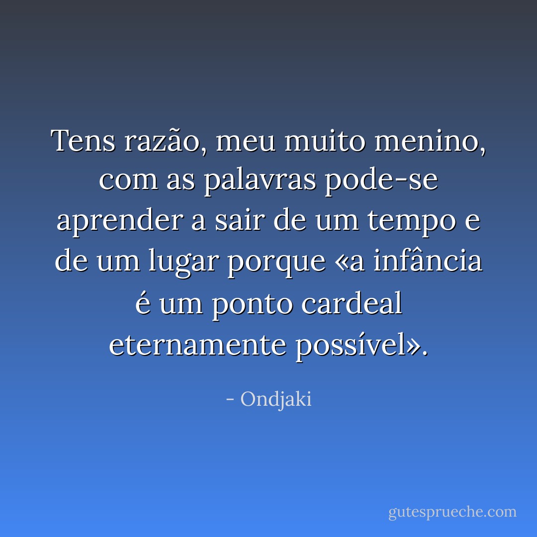 Tens razão, meu muito menino, com as palavras pode-se aprender a sair de um tempo e de um lugar porque «a infância é um ponto cardeal eternamente possível». - Ondjaki