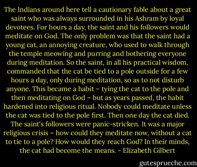 The Indians around here tell a cautionary fable about a great saint who was always surrounded in his Ashram by loyal devotees. For hours a day, the saint and his followers would meditate on God. The only problem was that the saint had a young cat, an annoying creature, who used to walk through the temple meowing and purring and bothering everyone during meditation. So the saint, in all his practical wisdom, commanded that the cat be tied to a pole outside for a few hours a day, only during meditation, so as to not disturb anyone. This became a habit – tying the cat to the pole and then meditating on God – but as years passed, the habit hardened into religious ritual. Nobody could meditate unless the cat was tied to the pole first. Then one day the cat died. The saint's followers were panic-stricken. It was a major religious crisis – how could they meditate now, without a cat to tie to a pole? How would they reach God? In their minds, the cat had become the means. - Elizabeth Gilbert
