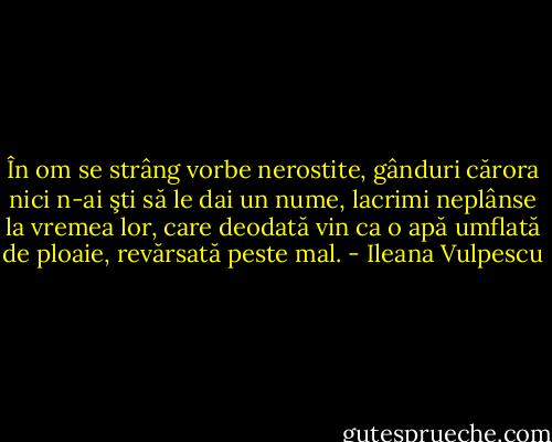 În om se strâng vorbe nerostite, gânduri cărora nici n-ai şti să le dai un nume, lacrimi neplânse la vremea lor, care deodată vin ca o apă umflată de ploaie, revărsată peste mal. - Ileana Vulpescu