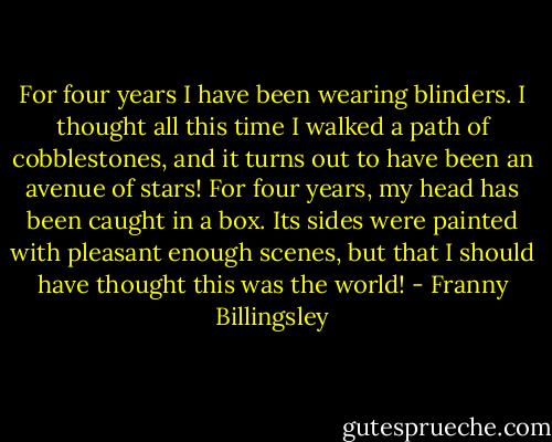 For four years I have been wearing blinders. I thought all this time I walked a path of cobblestones, and it turns out to have been an avenue of stars! For four years, my head has been caught in a box. Its sides were painted with pleasant enough scenes, but that I should have thought this was the world! - Franny Billingsley