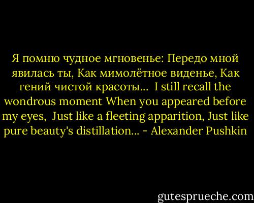 Я помню чудное мгновенье:<br />Передо мной явилась ты,<br />Как мимолётное виденье,<br />Как гений чистой красоты...<br /><br />I still recall the wondrous moment<br />When you appeared before my eyes, <br />Just like a fleeting apparition,<br />Just like pure beauty's distillation... - Alexander Pushkin