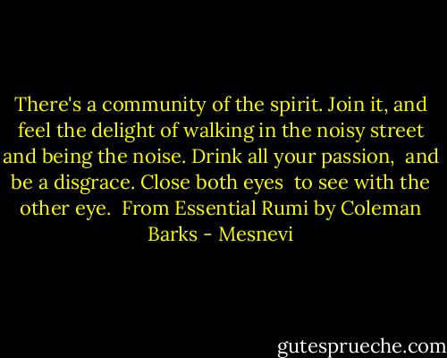 There's a community of the spirit.<br />Join it, and feel the delight<br />of walking in the noisy street<br />and being the noise.<br />Drink all your passion, <br />and be a disgrace.<br />Close both eyes <br />to see with the other eye.<br /><br />From Essential Rumi<br />by Coleman Barks - Mesnevi