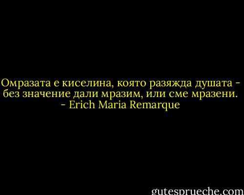 Омразата е киселина, която разяжда душата - без значение дали мразим, или сме мразени. - Erich Maria Remarque