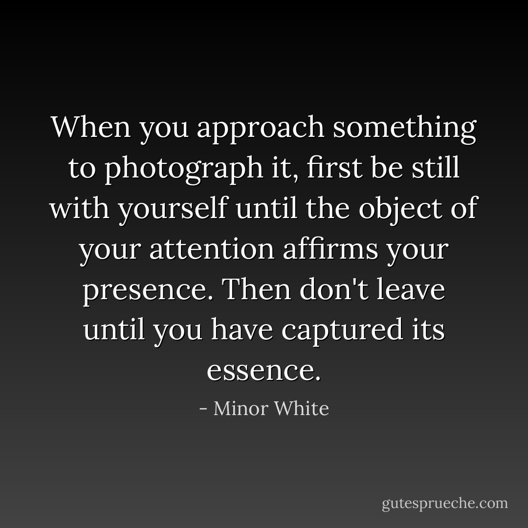 When you approach something to photograph it, first be still with yourself until the object of your attention affirms your presence. Then don't leave until you have captured its essence. - Minor White