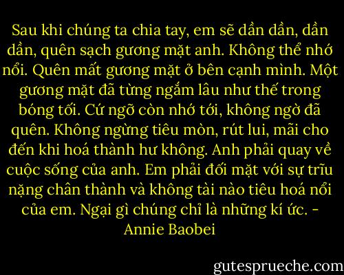 Sau khi chúng ta chia tay, em sẽ dần dần, dần dần, quên sạch gương mặt anh. Không thể nhớ nổi. Quên mất gương mặt ở bên cạnh mình. Một gương mặt đã từng ngắm lâu như thế trong bóng tối. Cứ ngỡ còn nhớ tới, không ngờ đã quên. Không ngừng tiêu mòn, rút lui, mãi cho đến khi hoá thành hư không.<br />Anh phải quay về cuộc sống của anh. Em phải đối mặt với sự trĩu nặng chân thành và không tài nào tiêu hoá nổi của em. Ngại gì chúng chỉ là những kí ức. - Annie Baobei