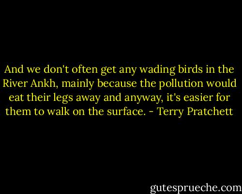 And we don't often get any wading birds in the River Ankh, mainly because the pollution would eat their legs away and anyway, it's easier for them to walk on the surface. - Terry Pratchett