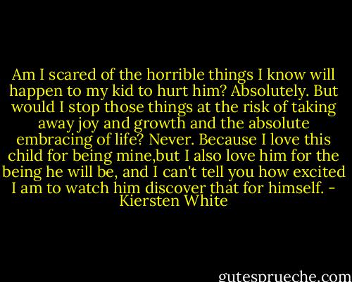 Am I scared of the horrible things I know will happen to my kid to hurt him? Absolutely. But would I stop those things at the risk of taking away joy and growth and the absolute embracing of life? Never. Because I love this child for being mine,but I also love him for the being he will be, and I can't tell you how excited I am to watch him discover that for himself. - Kiersten White