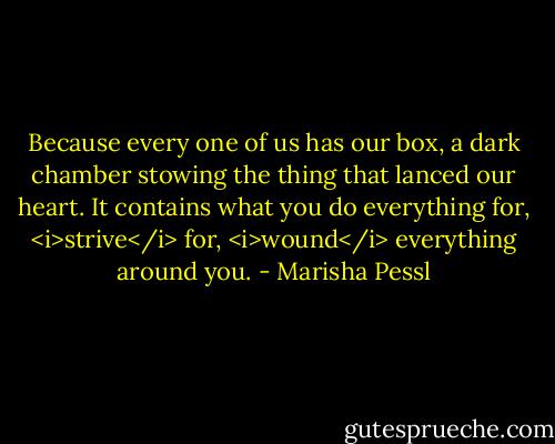 Because every one of us has our box, a dark chamber stowing the thing that lanced our heart. It contains what you do everything for, <i>strive</i> for, <i>wound</i> everything around you. - Marisha Pessl