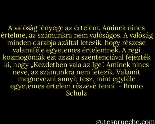 A valóság lényege az értelem. Aminek nincs értelme, az számunkra nem valóságos. A valóság minden darabja azáltal létezik, hogy részese valamiféle egyetemes értelemnek. A régi kozmogóniák ezt azzal a szentenciával fejezték ki, hogy „Kezdetben vala az Ige”. Aminek nincs neve, az számunkra nem létezik. Valamit megnevezni annyit tesz, mint egyféle egyetemes értelem részévé tenni. - Bruno Schulz