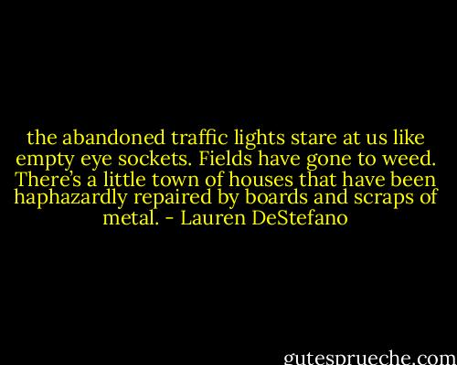 the abandoned traffic lights stare at us like empty eye sockets. Fields have gone to weed. There’s a little town of houses that have been haphazardly repaired by boards and scraps of metal. - Lauren DeStefano