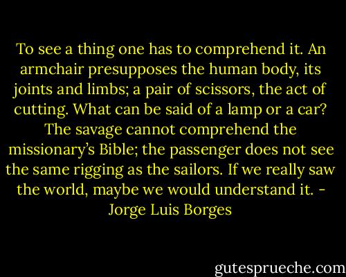 To see a thing one has to comprehend it. An armchair presupposes the human body, its joints and limbs; a pair of scissors, the act of cutting. What can be said of a lamp or a car? The savage cannot comprehend the missionary’s Bible; the passenger does not see the same rigging as the sailors. If we really saw the world, maybe we would understand it. - Jorge Luis Borges