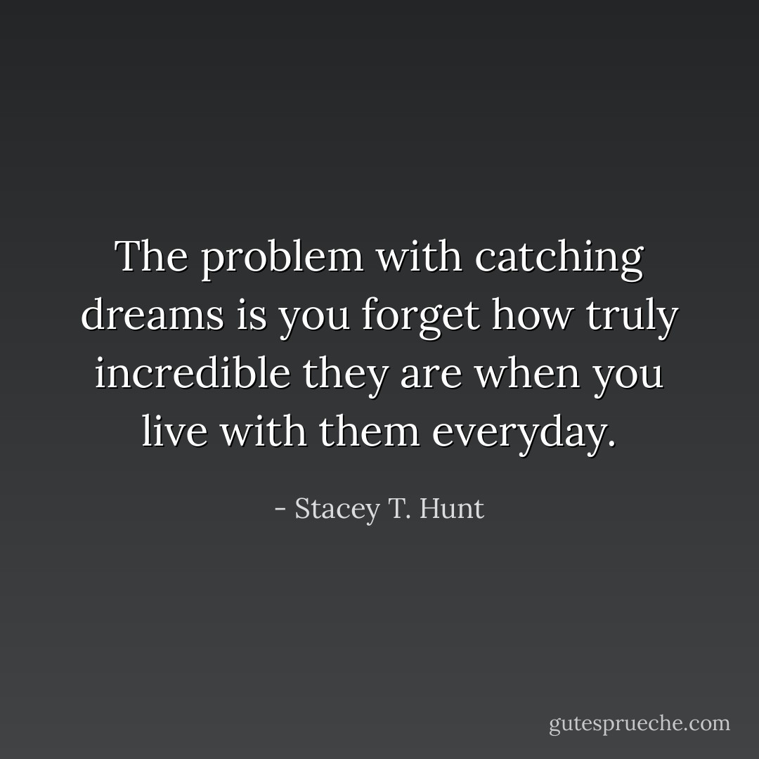The problem with catching dreams is you forget how truly incredible they are when you live with them everyday. - Stacey T. Hunt