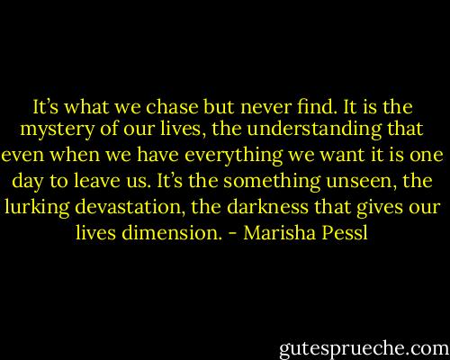 It’s what we chase but never find. It is the mystery of our lives, the understanding that even when we have everything we want it is one day to leave us. It’s the something unseen, the lurking devastation, the darkness that gives our lives dimension. - Marisha Pessl