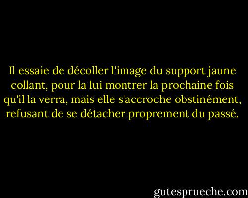 Il essaie de décoller l'image du support jaune collant, pour la lui montrer la prochaine fois qu'il la verra, mais elle s'accroche obstinément, refusant de se détacher proprement du passé. - Jhumpa Lahiri