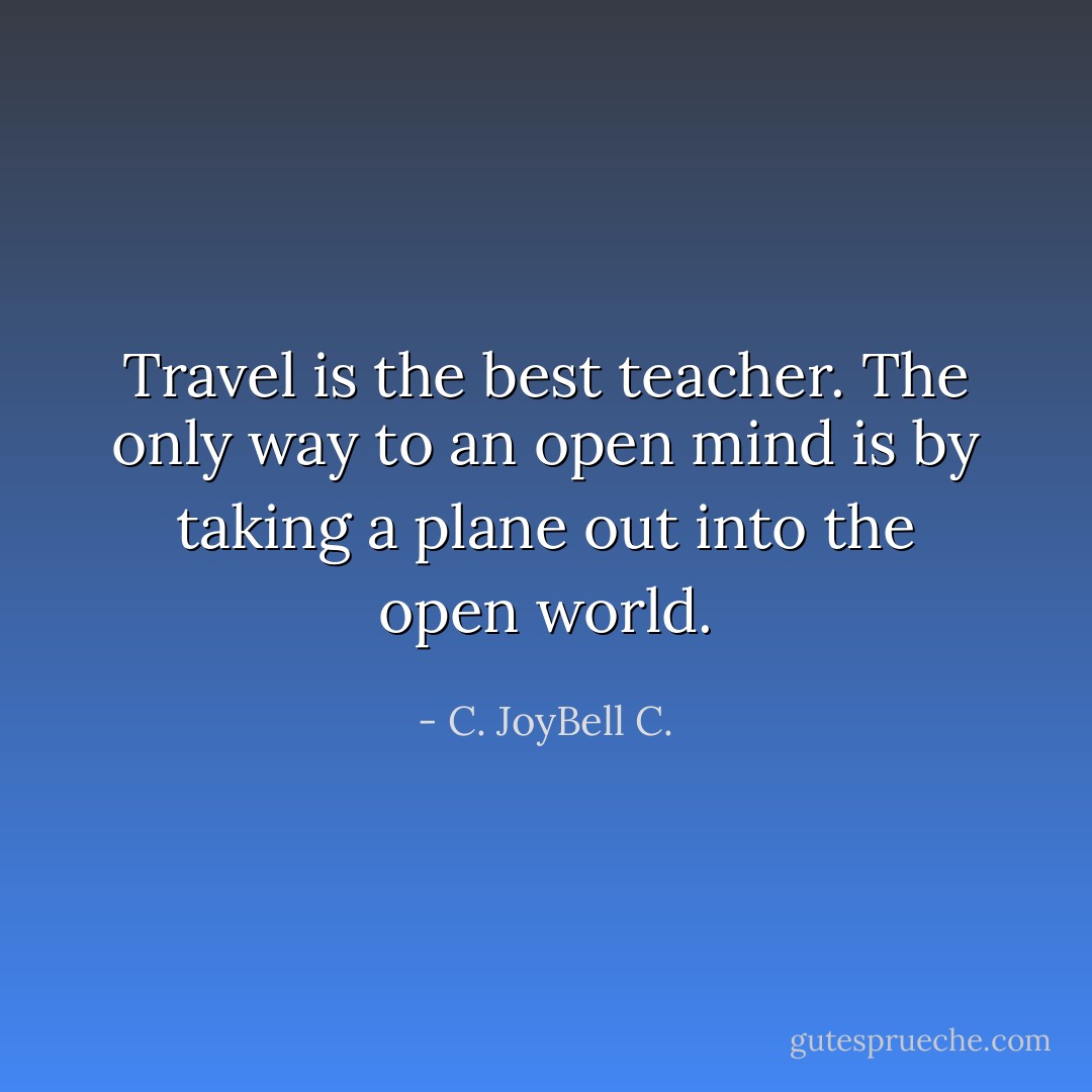 Travel is the best teacher. The only way to an open mind is by taking a plane out into the open world. - C. JoyBell C.