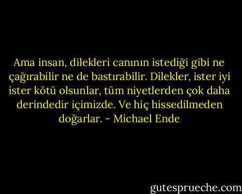 Ama insan, dilekleri canının istediği gibi ne çağırabilir ne de bastırabilir. Dilekler, ister iyi ister kötü olsunlar, tüm niyetlerden çok daha derindedir içimizde. Ve hiç hissedilmeden doğarlar. - Michael Ende