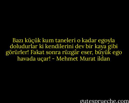 Bazı küçük kum taneleri o kadar egoyla doludurlar ki kendilerini dev bir kaya gibi görürler! Fakat sonra rüzgâr eser, büyük ego havada uçar! - Mehmet Murat ildan
