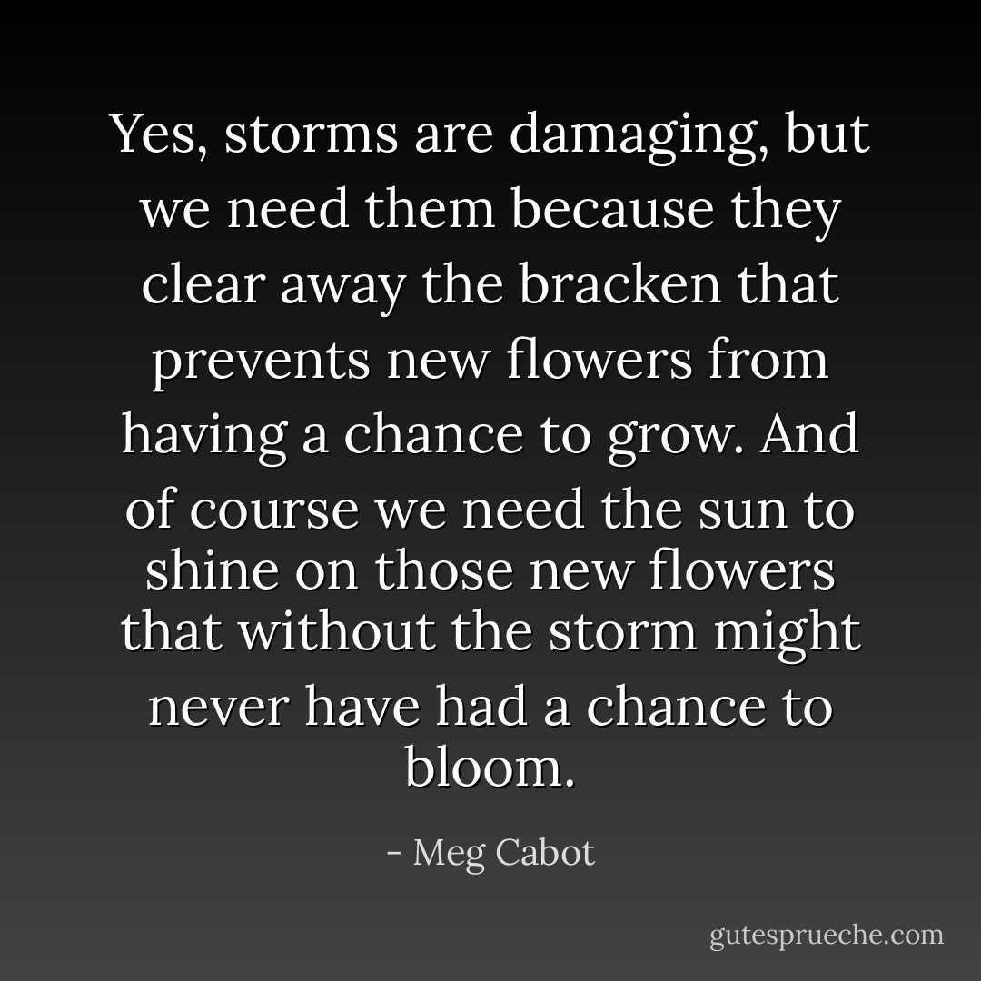 Yes, storms are damaging, but we need them because they clear away the bracken that prevents new flowers from having a chance to grow. And of course we need the sun to shine on those new flowers that without the storm might never have had a chance to bloom. - Meg Cabot