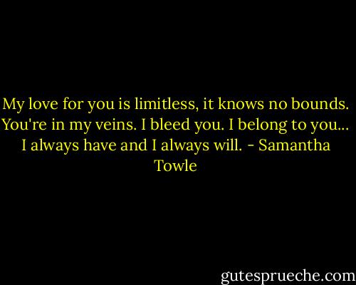 My love for you is limitless, it knows no bounds. You're in my veins. I bleed you. I belong to you... I always have and I always will. - Samantha Towle
