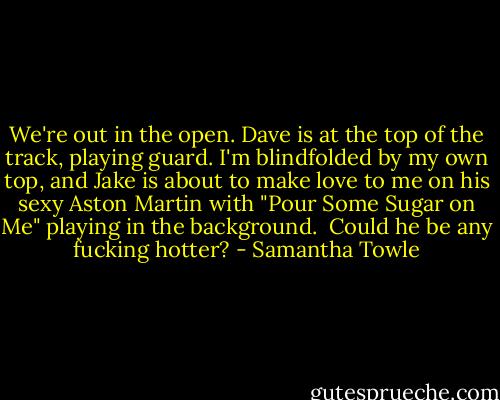 We're out in the open. Dave is at the top of the track, playing guard. I'm blindfolded by my own top, and Jake is about to make love to me on his sexy Aston Martin with "Pour Some Sugar on Me" playing in the background. <br />Could he be any fucking hotter? - Samantha Towle