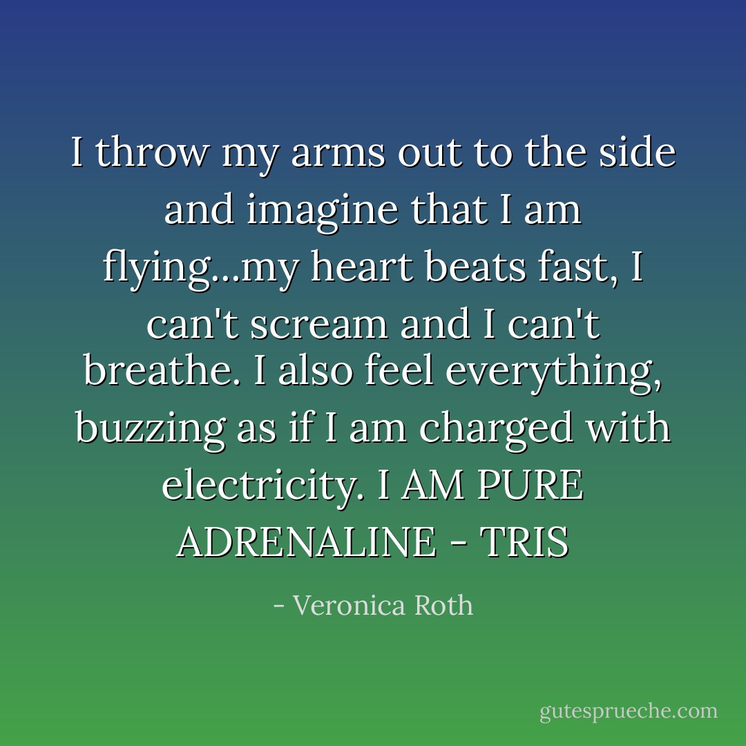 I throw my arms out to the side and imagine that I am flying...my heart beats fast, I can't scream and I can't breathe. I also feel everything, buzzing as if I am charged with electricity. I AM PURE ADRENALINE - TRIS - Veronica Roth