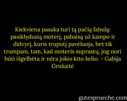 Kiekviena pasaka turi tą pačią fabulą: pasiklydusią moterį, pabaisą už kampo ir didvyrį, kuris truputį pavėluoja, bet tik trumpam, tam, kad moteris suprastų, jog nori būti išgelbėta ir nėra jokio kito kelio. - Gabija Grušaitė
