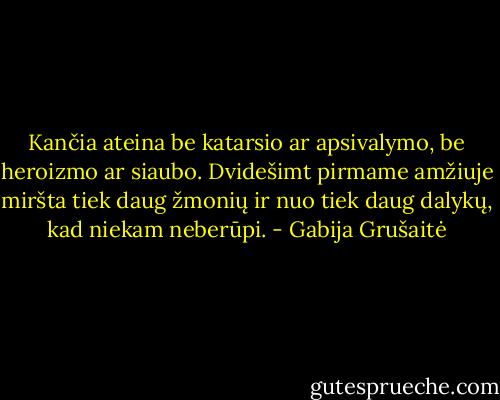 Kančia ateina be katarsio ar apsivalymo, be heroizmo ar siaubo. Dvidešimt pirmame amžiuje miršta tiek daug žmonių ir nuo tiek daug dalykų, kad niekam neberūpi. - Gabija Grušaitė