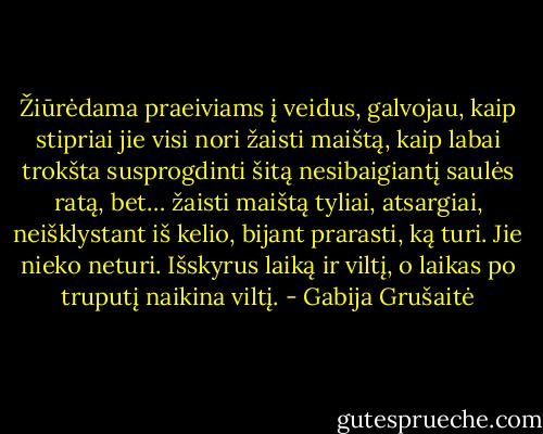 Žiūrėdama praeiviams į veidus, galvojau, kaip stipriai jie visi nori žaisti maištą, kaip labai trokšta susprogdinti šitą nesibaigiantį saulės ratą, bet… žaisti maištą tyliai, atsargiai, neišklystant iš kelio, bijant prarasti, ką turi.<br />Jie nieko neturi.<br />Išskyrus laiką ir viltį, o laikas po truputį naikina viltį. - Gabija Grušaitė