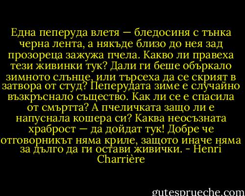 Една пеперуда влетя — бледосиня с тънка черна лента, а някъде близо до нея зад прозореца зажужа пчела. Какво ли правеха тези живинки тук? Дали ги беше объркало зимното слънце, или търсеха да се скрият в затвора от студ? Пеперудата зиме е случайно възкръснало същество. Как ли се е спасила от смъртта? А пчеличката защо ли е напуснала кошера си? Каква неосъзната храброст — да дойдат тук! Добре че отговорникът няма криле, защото иначе няма за дълго да ги остави живички. - Henri Charrière