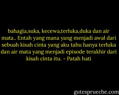 bahagia,suka, kecewa,terluka,duka dan air mata..<br />Entah yang mana yang menjadi awal dari sebuah kisah cinta<br />yang aku tahu hanya terluka dan air mata yang menjadi episode terakhir dari kisah cinta itu. - Patah hati