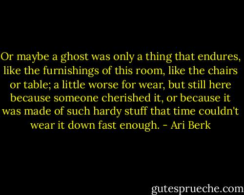 Or maybe a ghost was only a thing that endures, like the furnishings of this room, like the chairs or table; a little worse for wear, but still here because someone cherished it, or because it was made of such hardy stuff that time couldn't wear it down fast enough. - Ari Berk