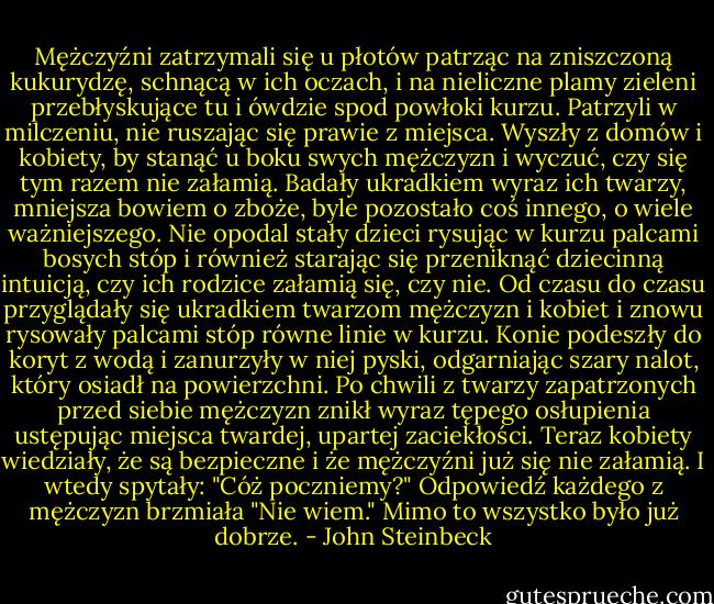 Mężczyźni zatrzymali się u płotów patrząc na zniszczoną kukurydzę, schnącą w ich oczach, i na nieliczne plamy zieleni przebłyskujące tu i ówdzie spod powłoki kurzu. Patrzyli w milczeniu, nie ruszając się prawie z miejsca. Wyszły z domów i kobiety, by stanąć u boku swych mężczyzn i wyczuć, czy się tym razem nie załamią. Badały ukradkiem wyraz ich twarzy, mniejsza bowiem o zboże, byle pozostało coś innego, o wiele ważniejszego. Nie opodal stały dzieci rysując w kurzu palcami bosych stóp i również starając się przeniknąć dziecinną intuicją, czy ich rodzice załamią się, czy nie. Od czasu do czasu przyglądały się ukradkiem twarzom mężczyzn i kobiet i znowu rysowały palcami stóp równe linie w kurzu. Konie podeszły do koryt z wodą i zanurzyły w niej pyski, odgarniając szary nalot, który osiadł na powierzchni. Po chwili z twarzy zapatrzonych przed siebie mężczyzn znikł wyraz tępego osłupienia ustępując miejsca twardej, upartej zaciekłości. Teraz kobiety wiedziały, że są bezpieczne i że mężczyźni już się nie załamią. I wtedy spytały: "Cóż poczniemy?" Odpowiedź każdego z mężczyzn brzmiała "Nie wiem." Mimo to wszystko było już dobrze. - John Steinbeck